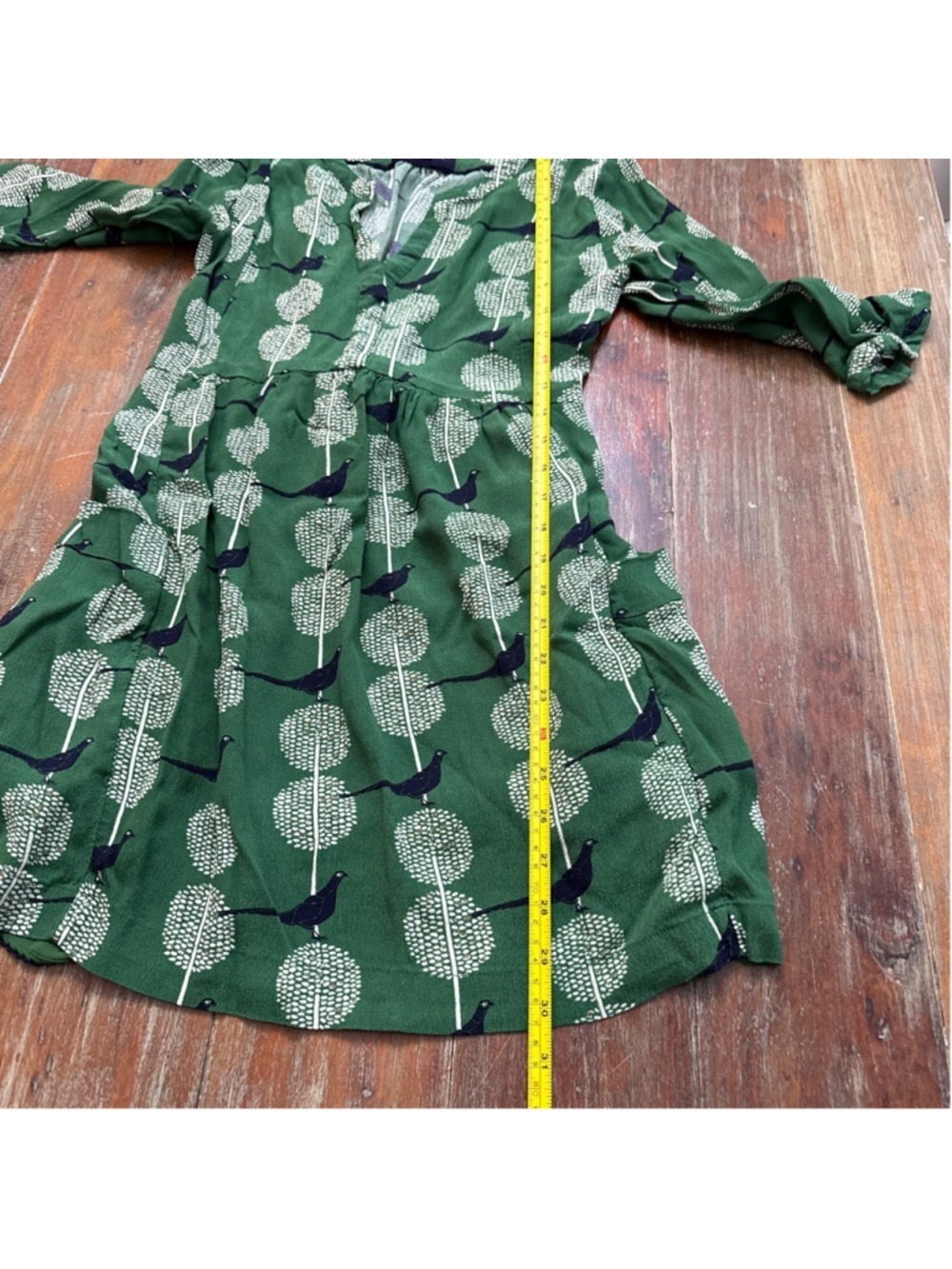 Maeve Anthropologie Green Pheasant Bird Print Dress Pockets Navy Gold S HTF - Picture 11 of 15